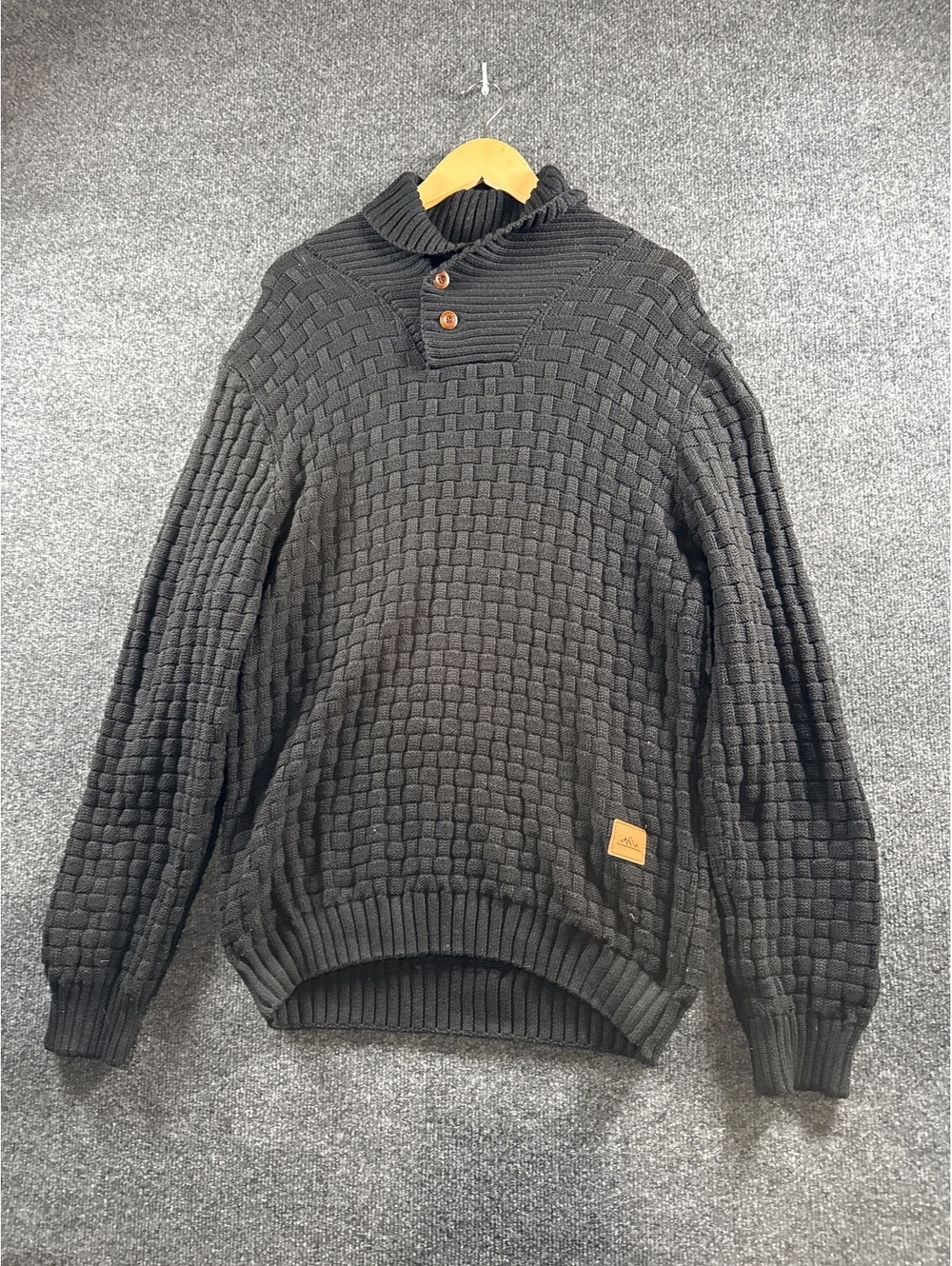 Mens XL Gray Basket Weave Pullover Sweater Shawl Collar Button Neck